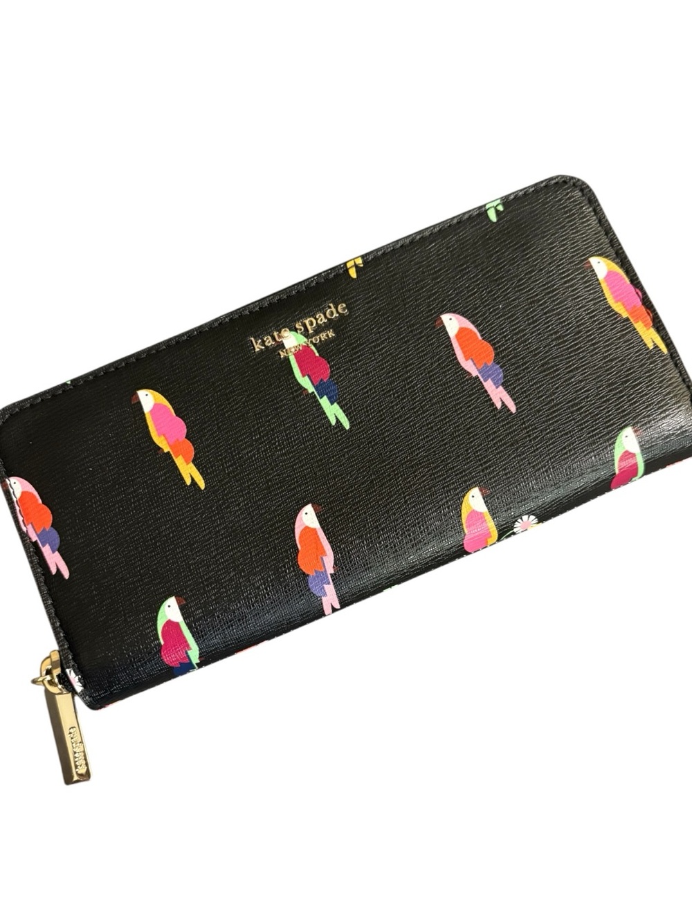 NEW kate spade Black Parrot Flock Continental Zip Wallet